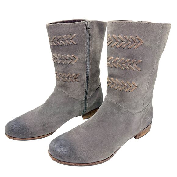 UGG Roper Boots Size 10 Cailyn Gray Distressed Braided Suede Short Mid Calf Boho - Picture 1 of 12